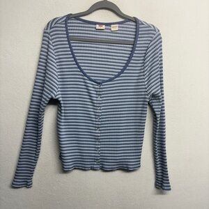 Levi's Stripe Snap Front Long Sleeve Shirt Blue 2x Scoop Neck